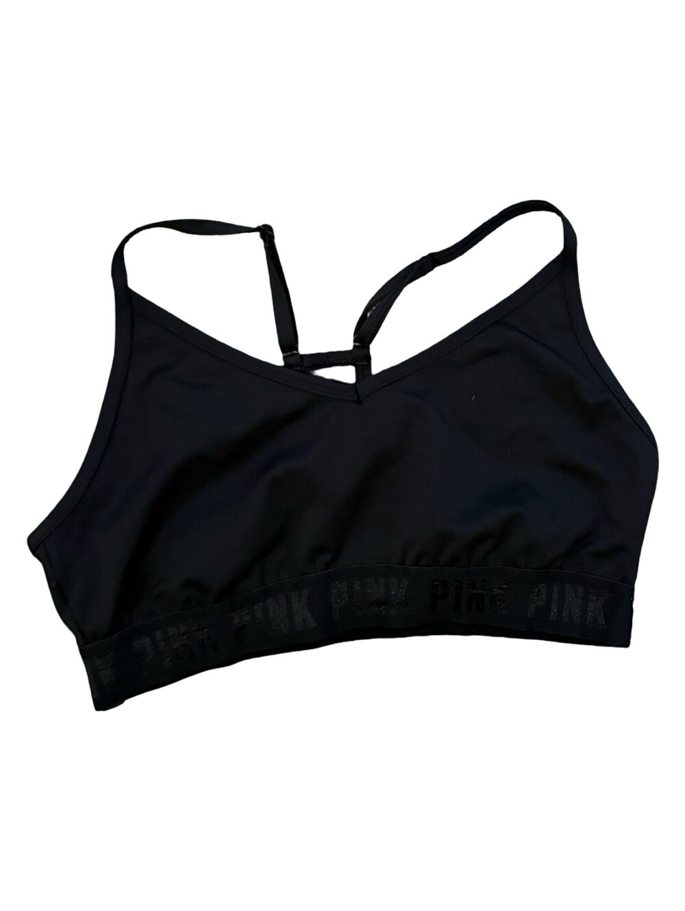 PINK Victoria's Secret Black Logo Band Sports Bra V-Neck Racerback Large